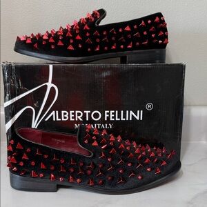 Alberto Fellini Black Velvet Slip-On Loafers with Red Stud Detail